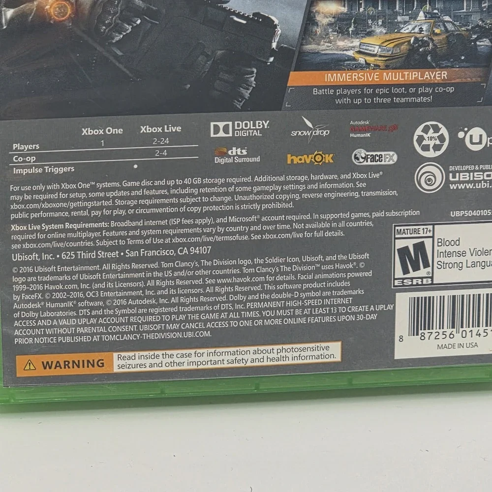 Tom Clancy's: The Division - Microsoft Xbox One Video Game Ubisoft 2017 EUC